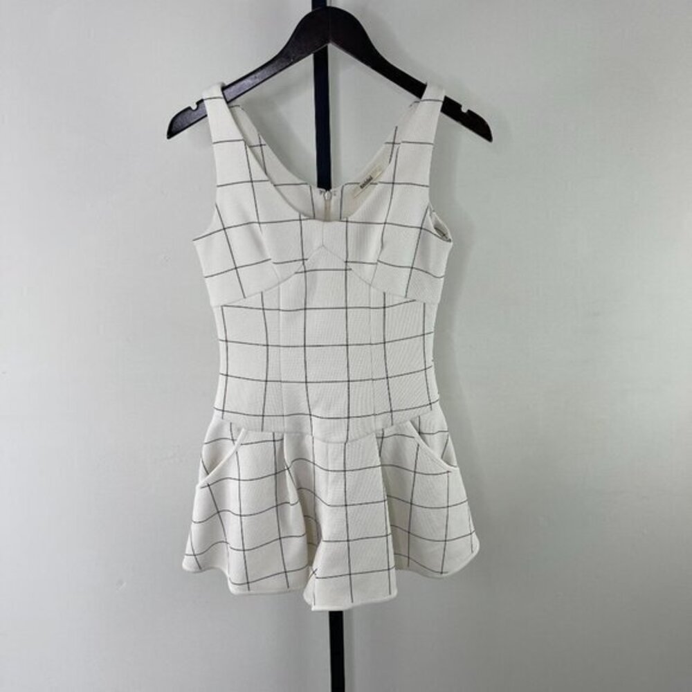Sindel 0 White Checks Sleeveless Slash Pocket Zip Ruffle Mini Romper